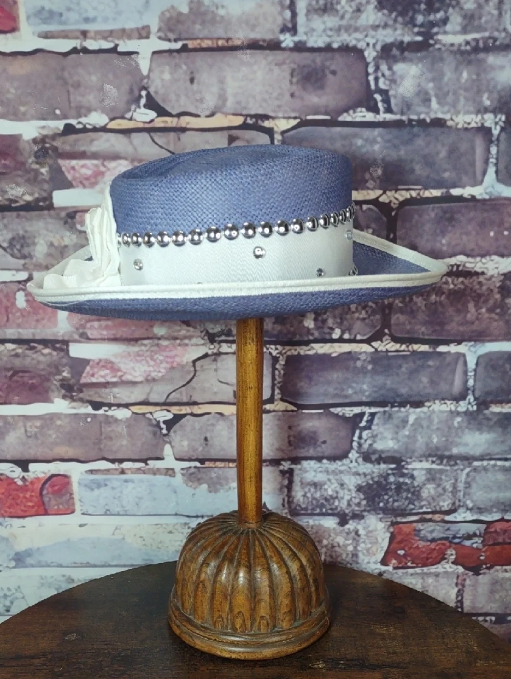 Blue Straw Boater Hat with White Studded Band - Picture 4 of 7